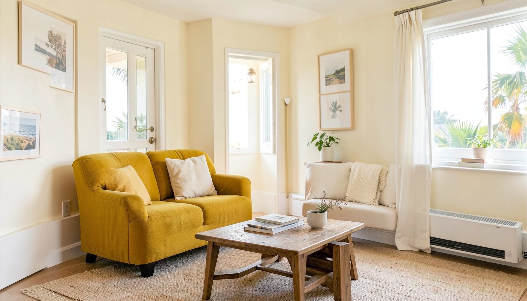 A rectangular image of a bright, airy vacation rental living room with cream-colored walls, a mustard-yellow accent chair, and a wooden coffee table, evoking a calm and welcoming coastal retreat.