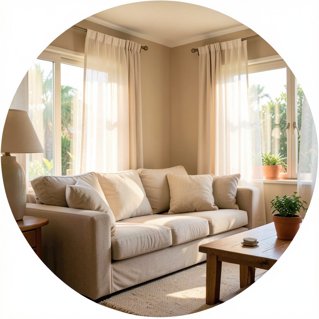 A warm, inviting circular image of a sunlit vacation home interior with soft beige walls, a comfortable sofa, and gentle natural light streaming through sheer curtains, conveying relaxation and home-like comfort.